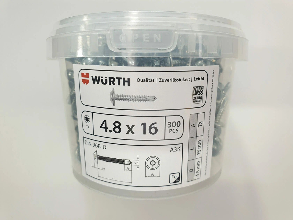 Саморез по металлу DIN 968-D 4.8x16 Torx A3K (300 pcs) WURTH, Германия #1