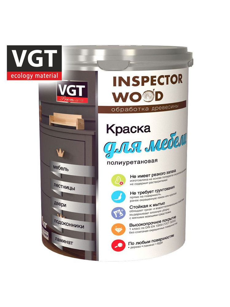VGT Краска Для мебели полиуретановая Inspector Wood, Полиуретановая, Матовое покрытие, 1 кг, белый  #1