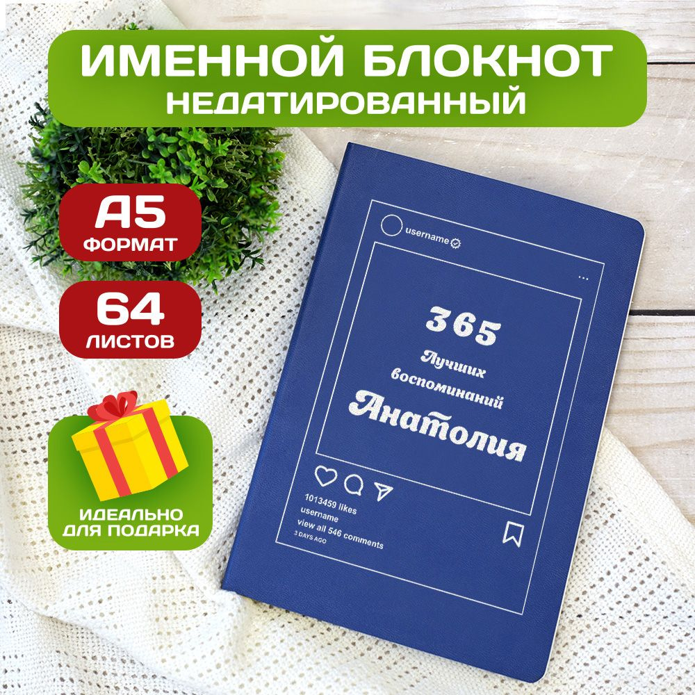 Блокнот с именем Анатолий с принтом 'Лучшие воспоминания' недатированный формата А5 Wispy синий  #1