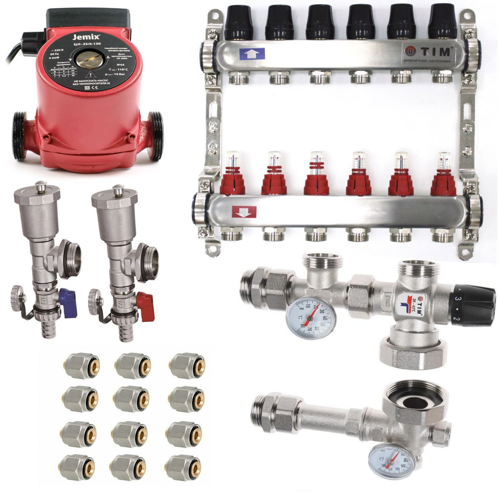 Комплект для теплого пола тим KDS5006: коллекторный блок 6 выходов+смесительный узел+циркуляционный насос #1