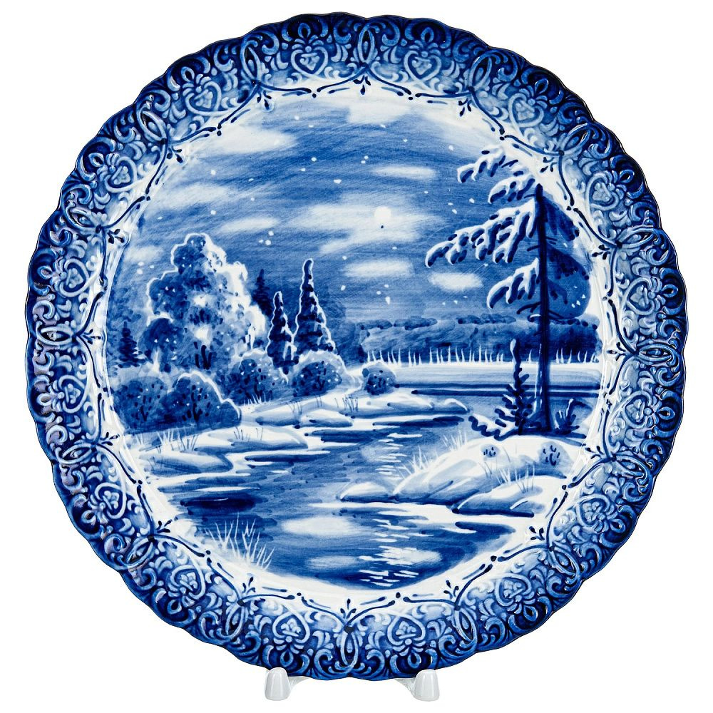 Тарелка декоративная настенная "Зимний пейзаж". Гжель #1