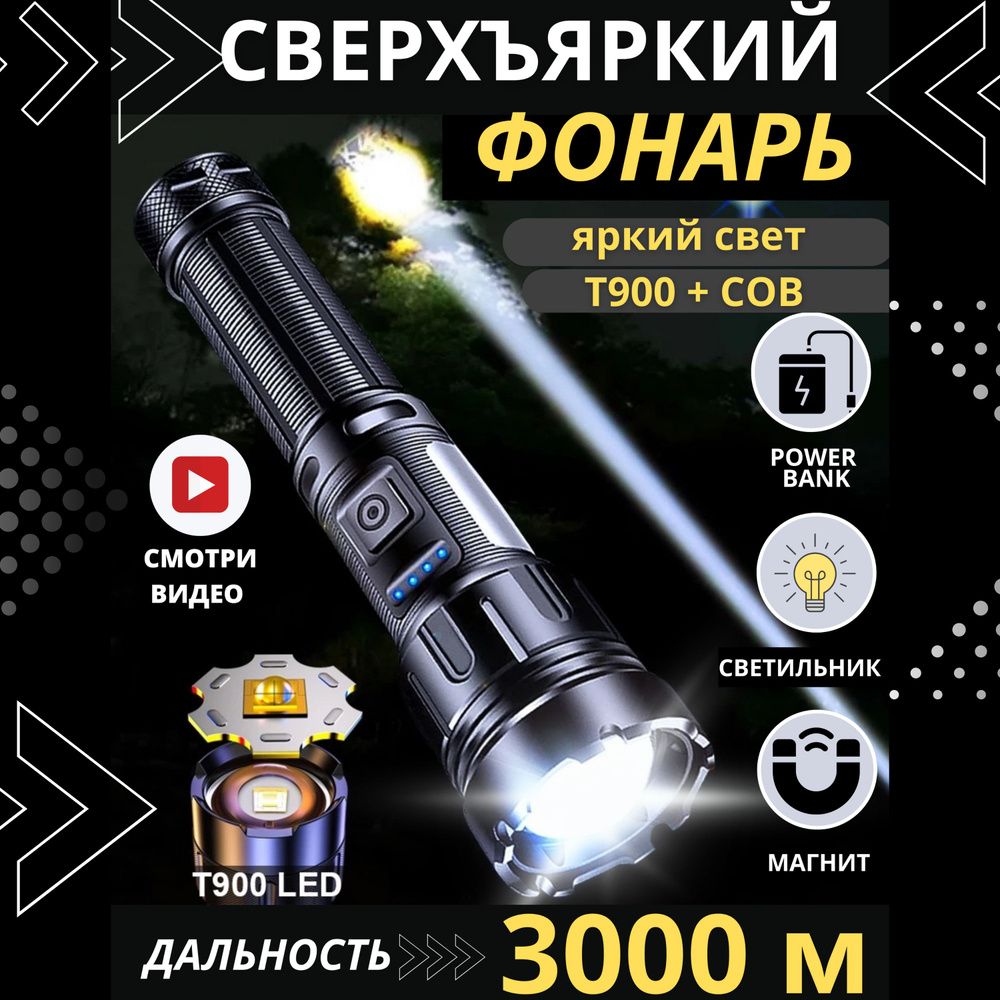 Фонарь ручной мощный светодиодный с магнитом с аккумулятором  #1