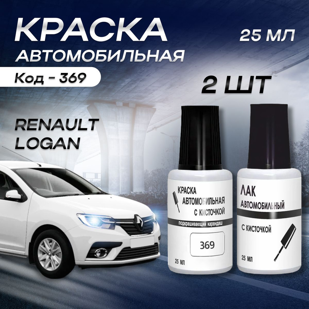 Краска во флакончике с кисточкой для Renault, код 369 (Белый лед)+лак  #1