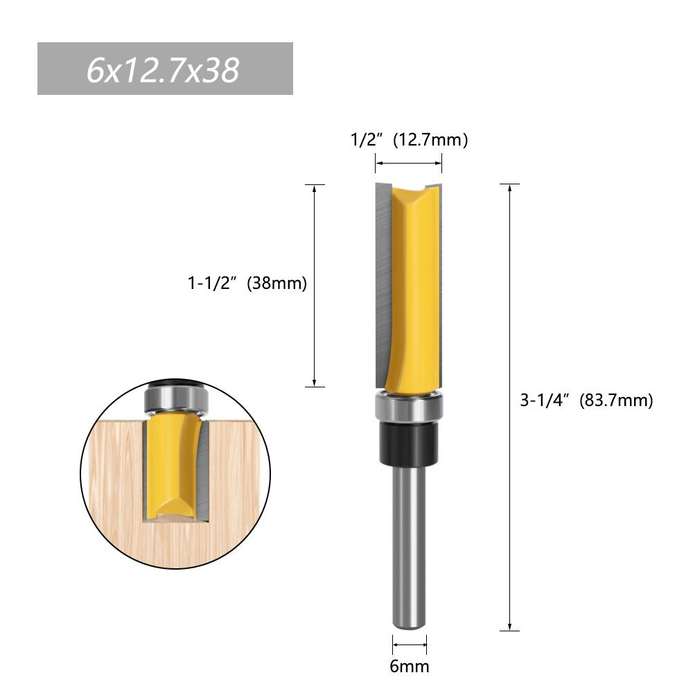 Фреза по дереву кромочная прямая для выборки заподлицо с верхним подшипником 12.7 х 38 мм,хвостовик 6 #1