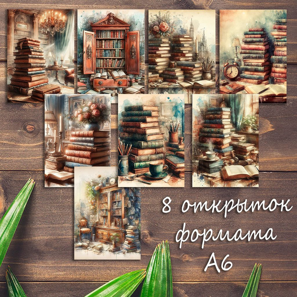 Большой набор открыток Книги, библиотека, 8 штук #1