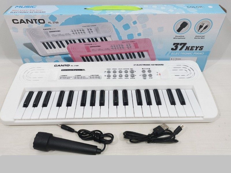 Синтезатор детский "CANTO" 37 клавиш с микрофоном, работает от сети и батареек  #1