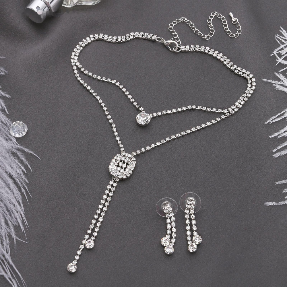 Гарнитур 2 предмета: серьги, кулон Жаклин дуэт, овал, цвет белый в серебре, 45см  #1
