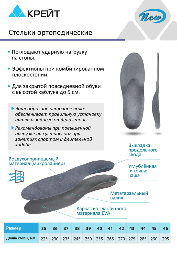 Стельки ортопедические мужские, женские при плоскостопии, каркасные, Крейт, размер 41  #1