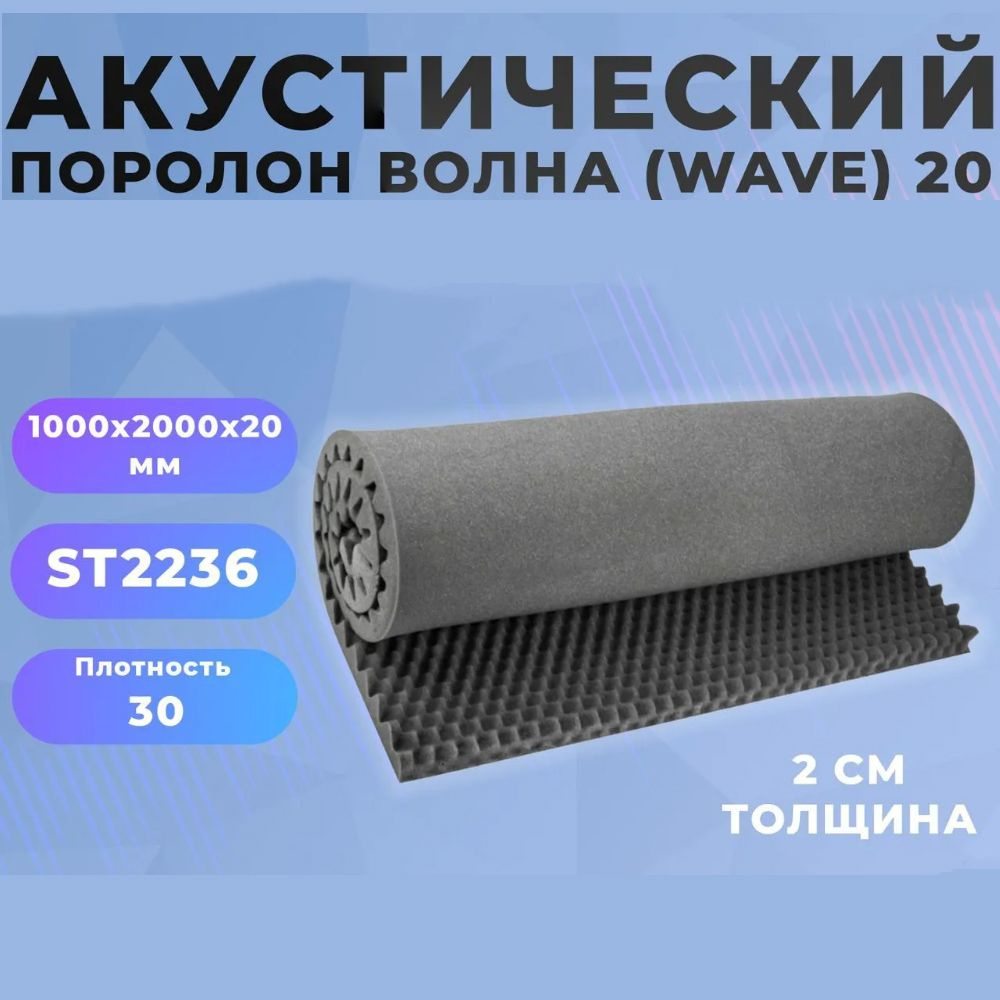 Акустический поролон Волна (Wave) 20 (100х200х2 см) ST2236 Плотность 30 1000х2000х20 мм  #1