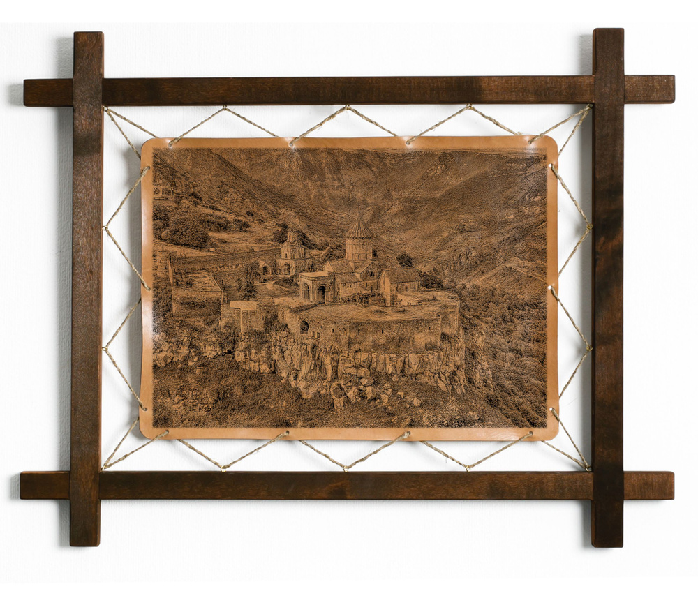 Картина "Татевский монастырь, Армения", гравировка на натуральной коже, интерьерная для украшения и декора #1