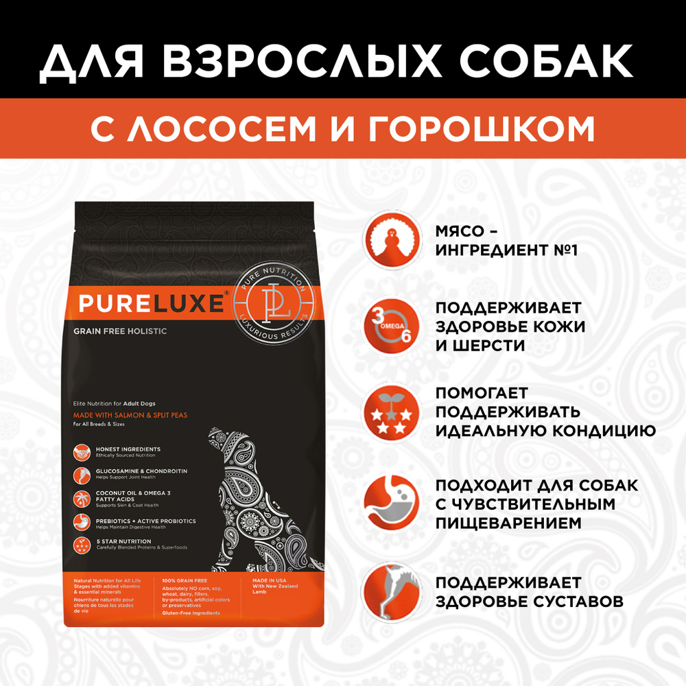 Сухой беззерновой корм PureLuxe Пурлюкс для взрослых собак с лососем и горошком, 400г  #1