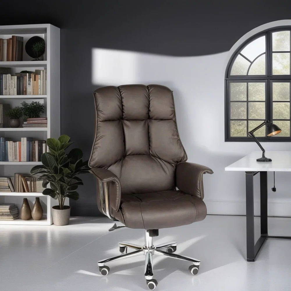Компьютерное, офисное кресло Президент / Сенат, корпус сталь + хром / темно-коричневая экокожа  #1