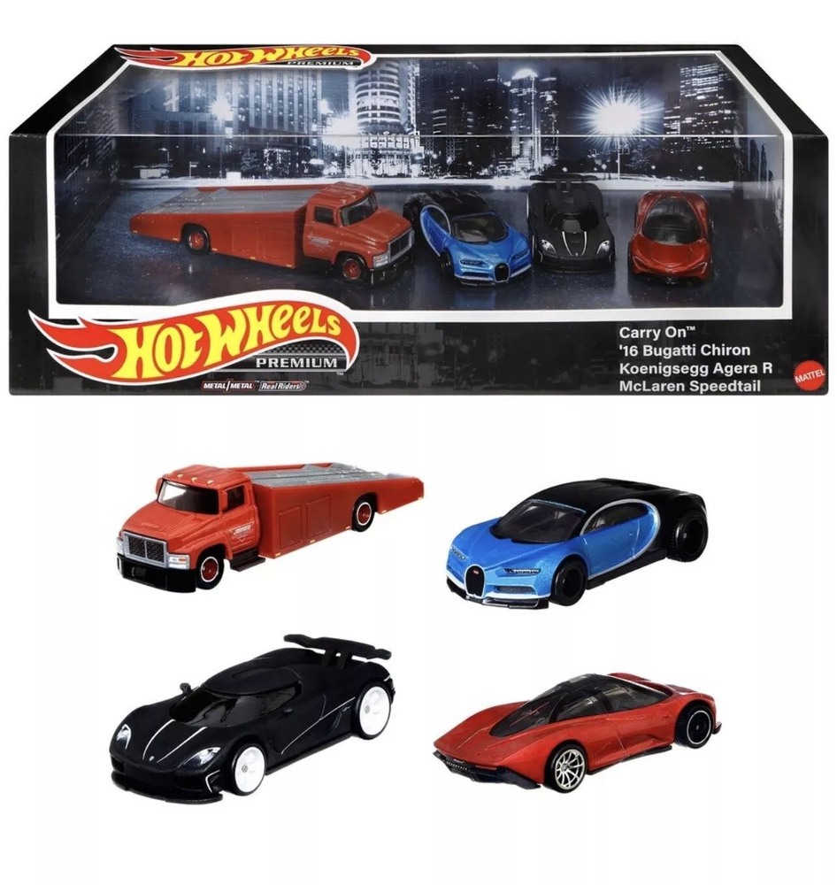 Набор из четырех Машинок Hot Wheels Premium CARRY ON+16 BUGATTI CHIRON+KOENIGSEGG AGERA R+McLAREN SPEEDTAIL #1