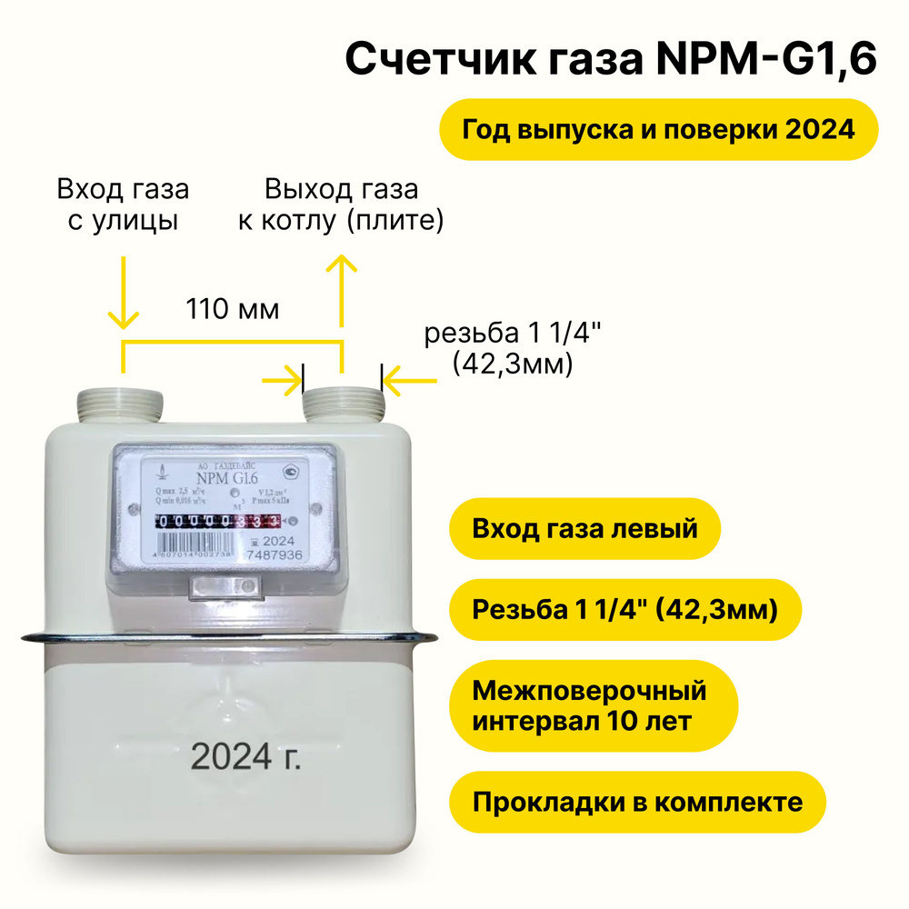 NPM-G1,6 (вход газа левый -->, резьба 1 1/4", ПРОКЛАДКИ В КОМПЛЕКТЕ) 2024 года выпуска и поверки  #1