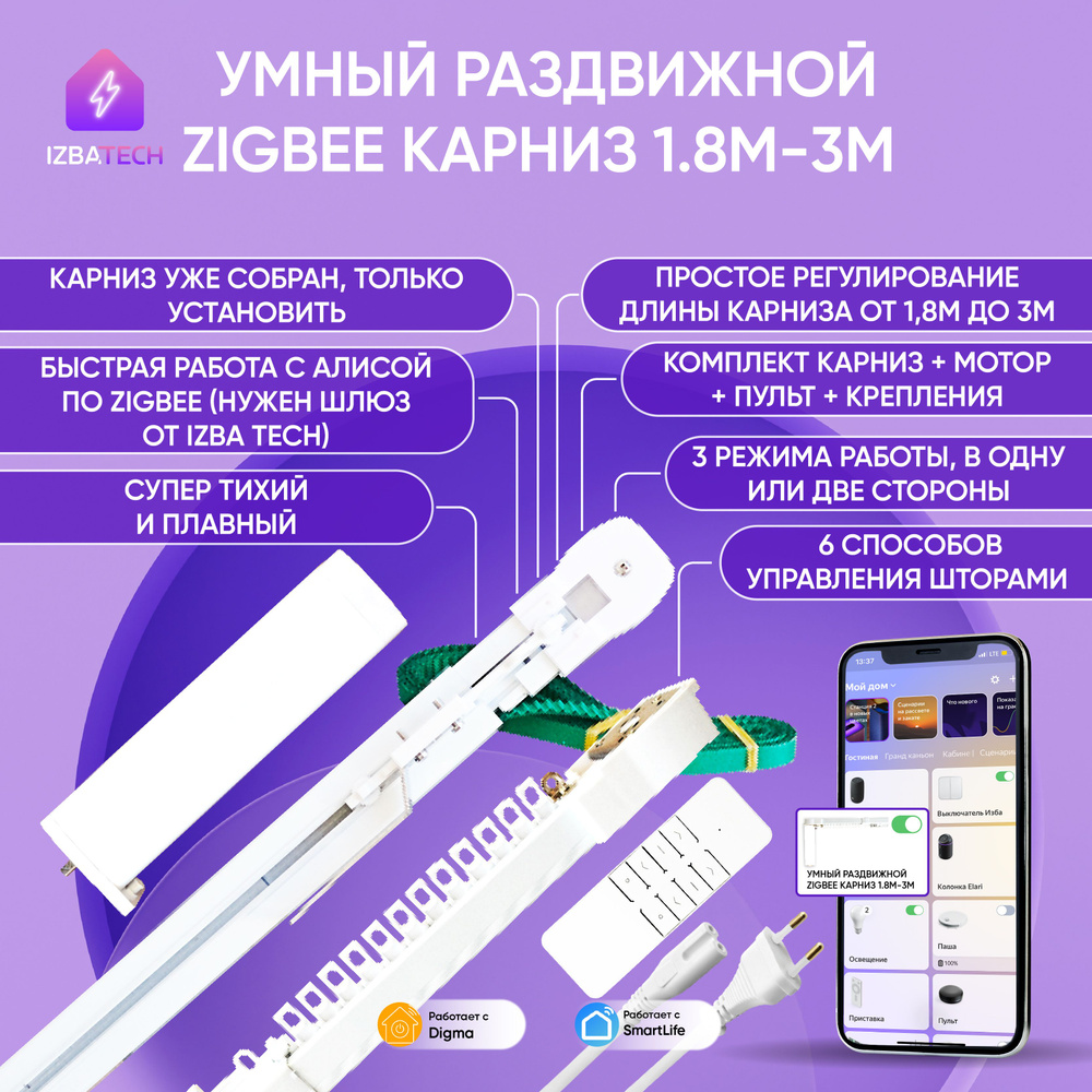 Умный раздвижной 1,76-3м карниз для Алисы Zigbee+RF: мотор + пульт, 6 способов открытия штор в одну или #1