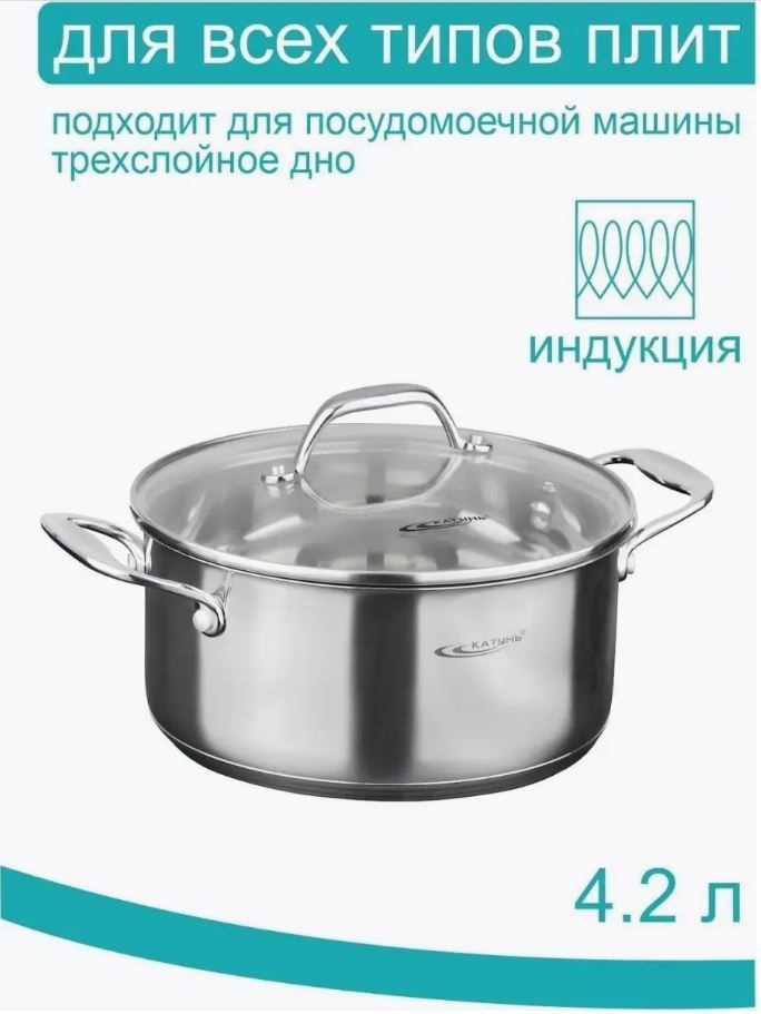 КАТУНЬ Кастрюля ника, Нержавеющая сталь, Термоупрочненное стекло, 4,2 л  #1