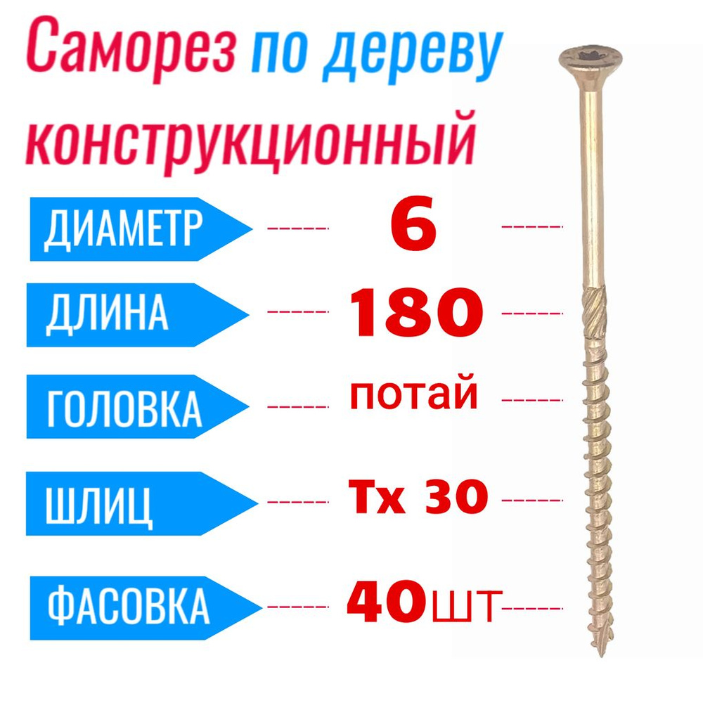 Саморез конструкционный по дереву 6 х 180 потай Torx 30 (40 шт)  #1