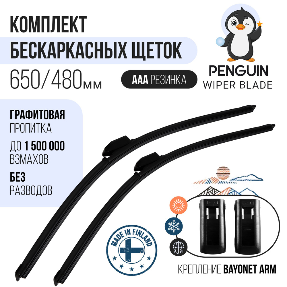 650 480 мм. Крепление Bayonet Arm. Комплект бескаркасных щеток стеклоочистителя Penguin на Peugeot Expert #1