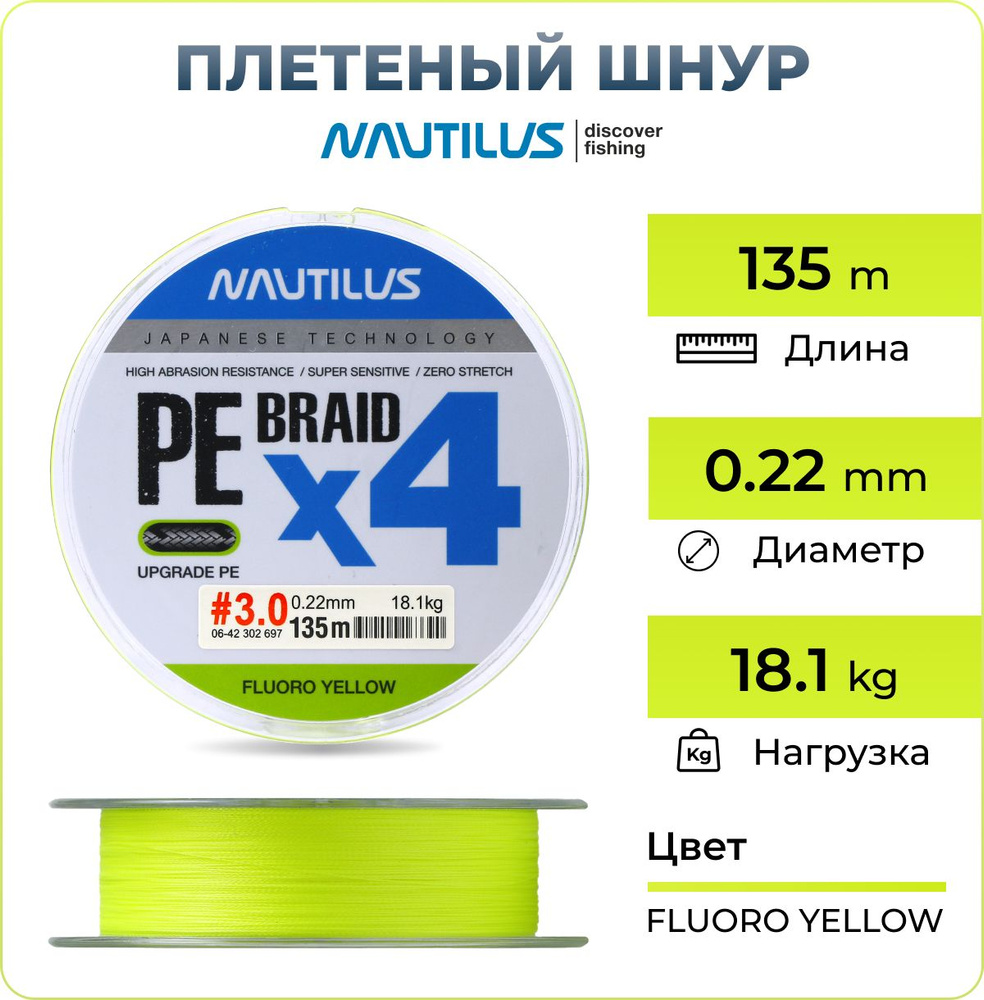 Плетеный шнур Nautilus BRAID X4 0.22 mm / 135m, цв. Fluoro Yellow, для рыбалки на спиннинг и фидер, для #1