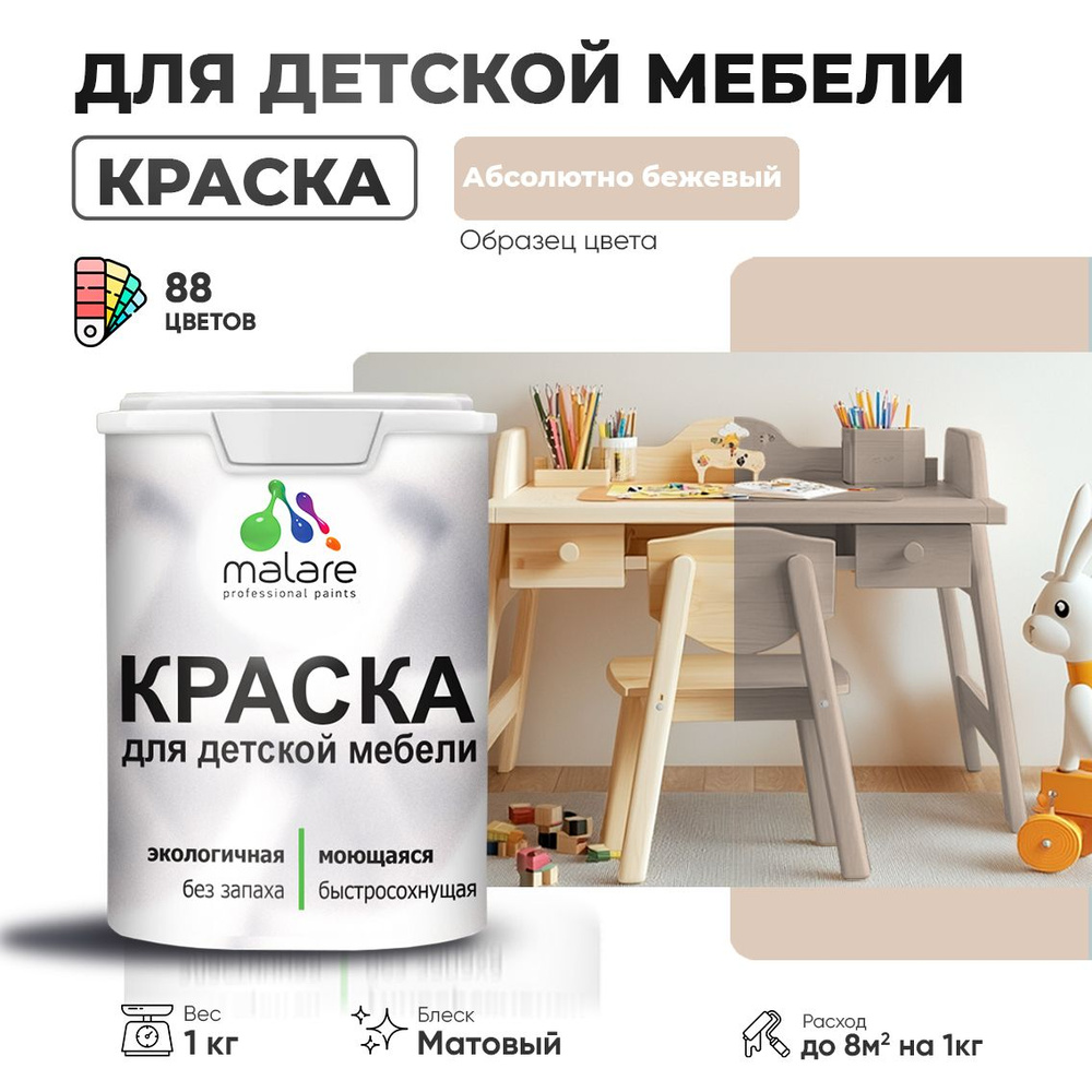 Акриловая краска Malare для детской мебели для кухонных фасадов, мебели из дерева, моющаяся, быстросохнущая #1