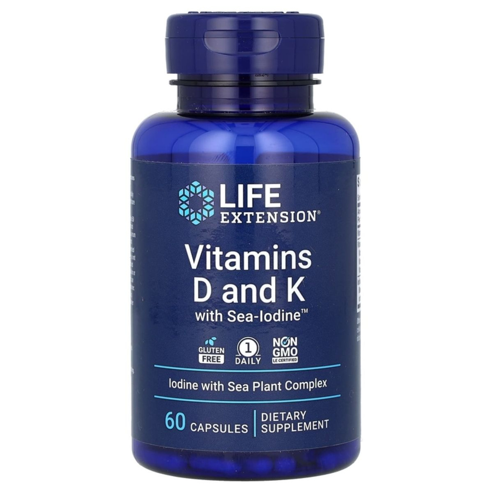 Витамины Д3 и К2+ Йод, Life Extension Vitamins D and K with Sea-Iodine 60 капсул #1