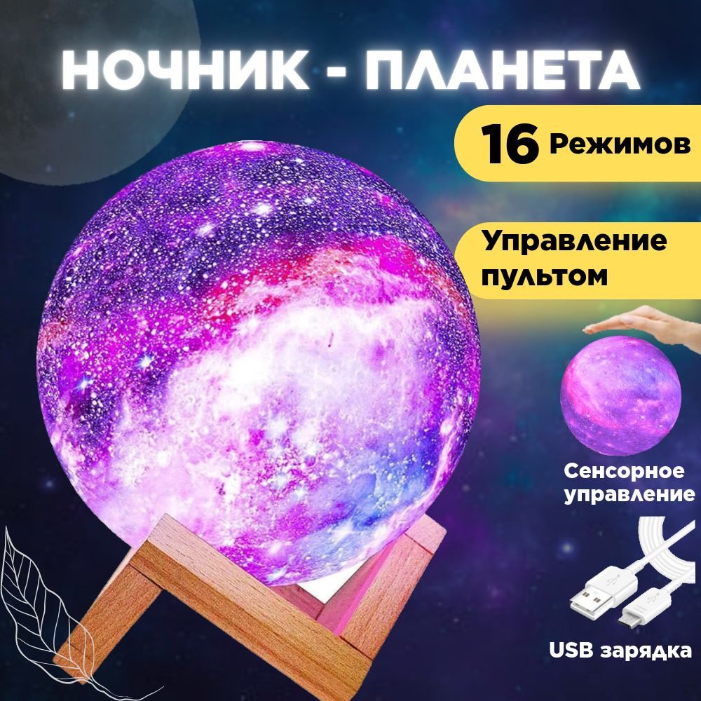 Светильник-ночник детский для сна беспроводной 3D шар планета Moon Lamp светодиодный беспроводной, лампа #1