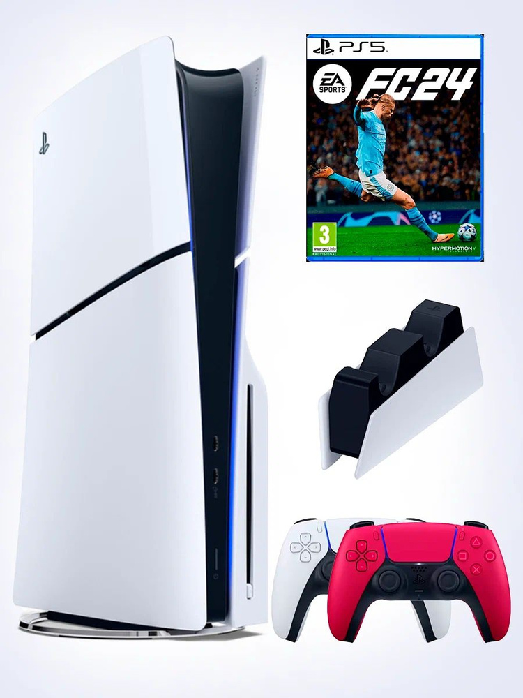 PS5 (ПС5) Игровая приставка Sony PlayStation 5 Slim +2-й геймпад(красный)+зарядное+игра FIFA24, 1000ГБ #1