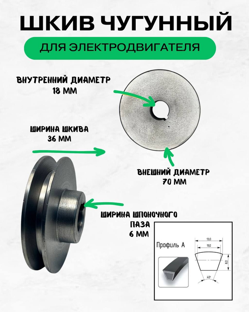 Шкив электродвигателя 18 мм х 70 мм для электрического компрессора (1 ремень, профиль - А, чугун)  #1