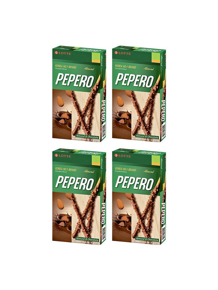 Палочки Lotte Pepero Almond в шоколадной глазури с миндалём, 4 уп по 36 гр, Корея  #1