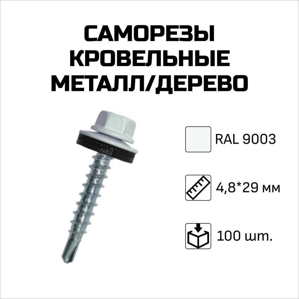 Саморезы кровельные, 4.8 x 29 мм, RAL 9003 Сигнальный белый, 100 шт.  #1