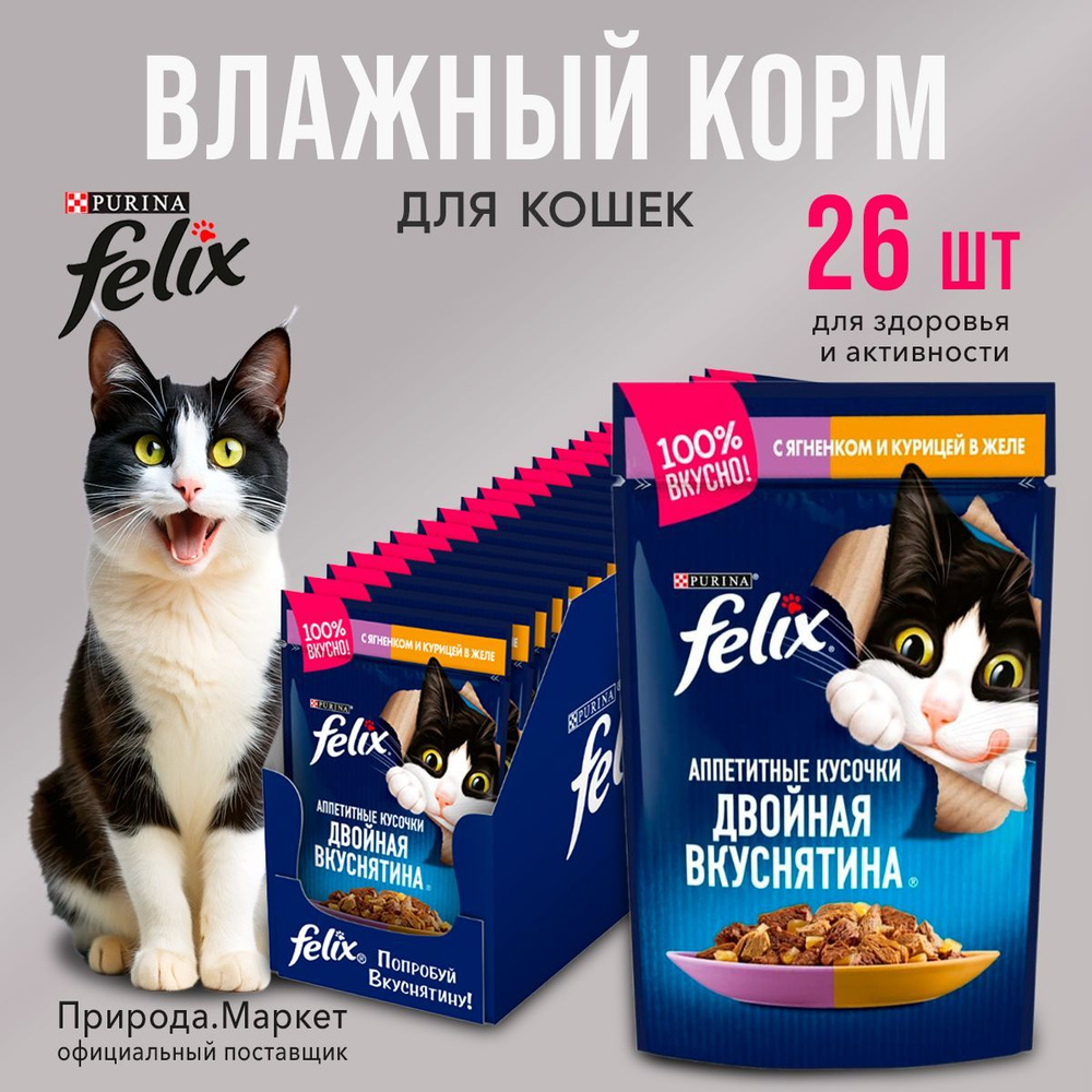 Корм влажный Felix для кошек, ягненок и курица, 26 штук по 75г  #1