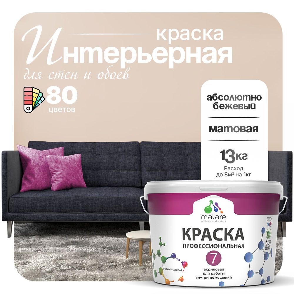 Краска Malare Professional Euro №7 интерьерная для стен и обоев, для потолка, акриловая, быстросохнущая, #1