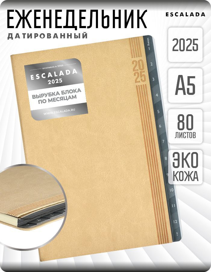 Еженедельник датированный 2025 ESCALADA А5 80л в мягком переплёте из экокожи и ПВХ, с закладкой и вырубкой #1