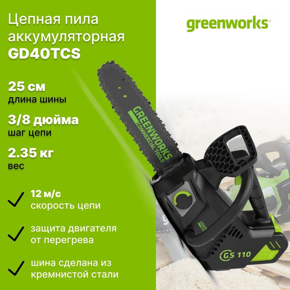 Цепная пила аккумуляторная Greenworks 40V GD40TCS (без АКБ и ЗУ) 25см, арт. 2003807  #1