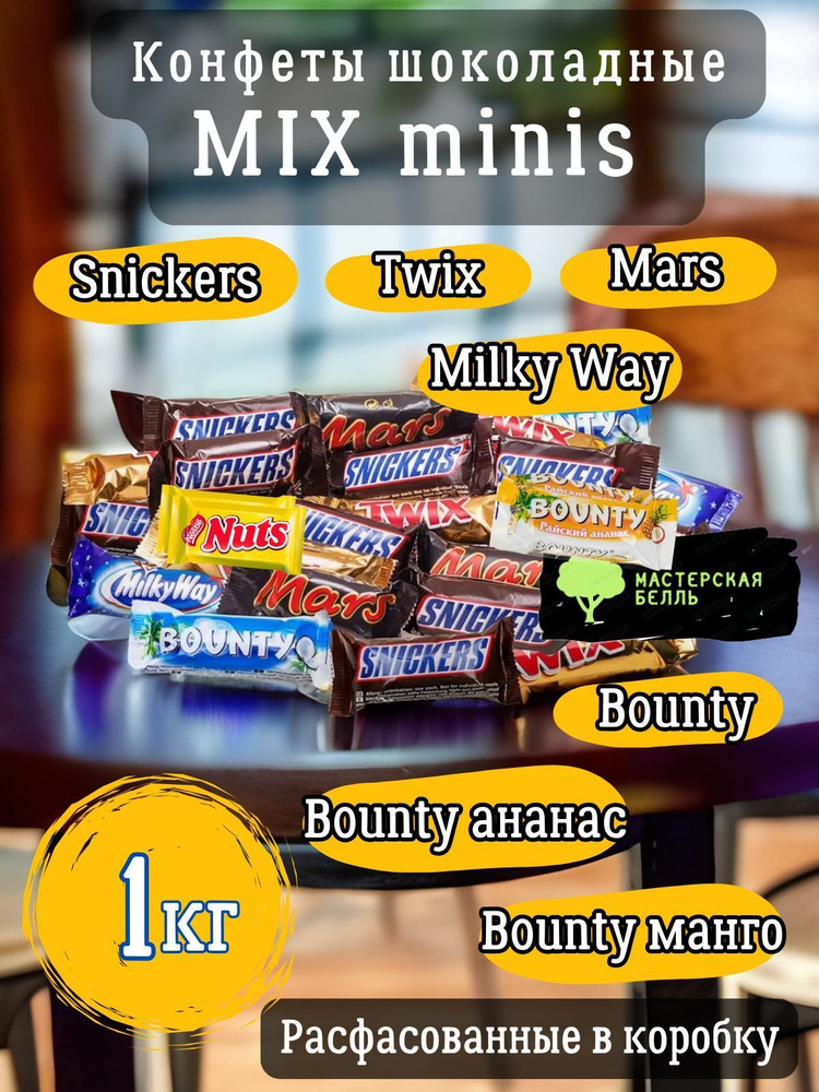 Конфеты шоколадные minis Ассорти Snickers Bounty (райский ананас, манго) Twix Milky Way Mars 1 кг  #1