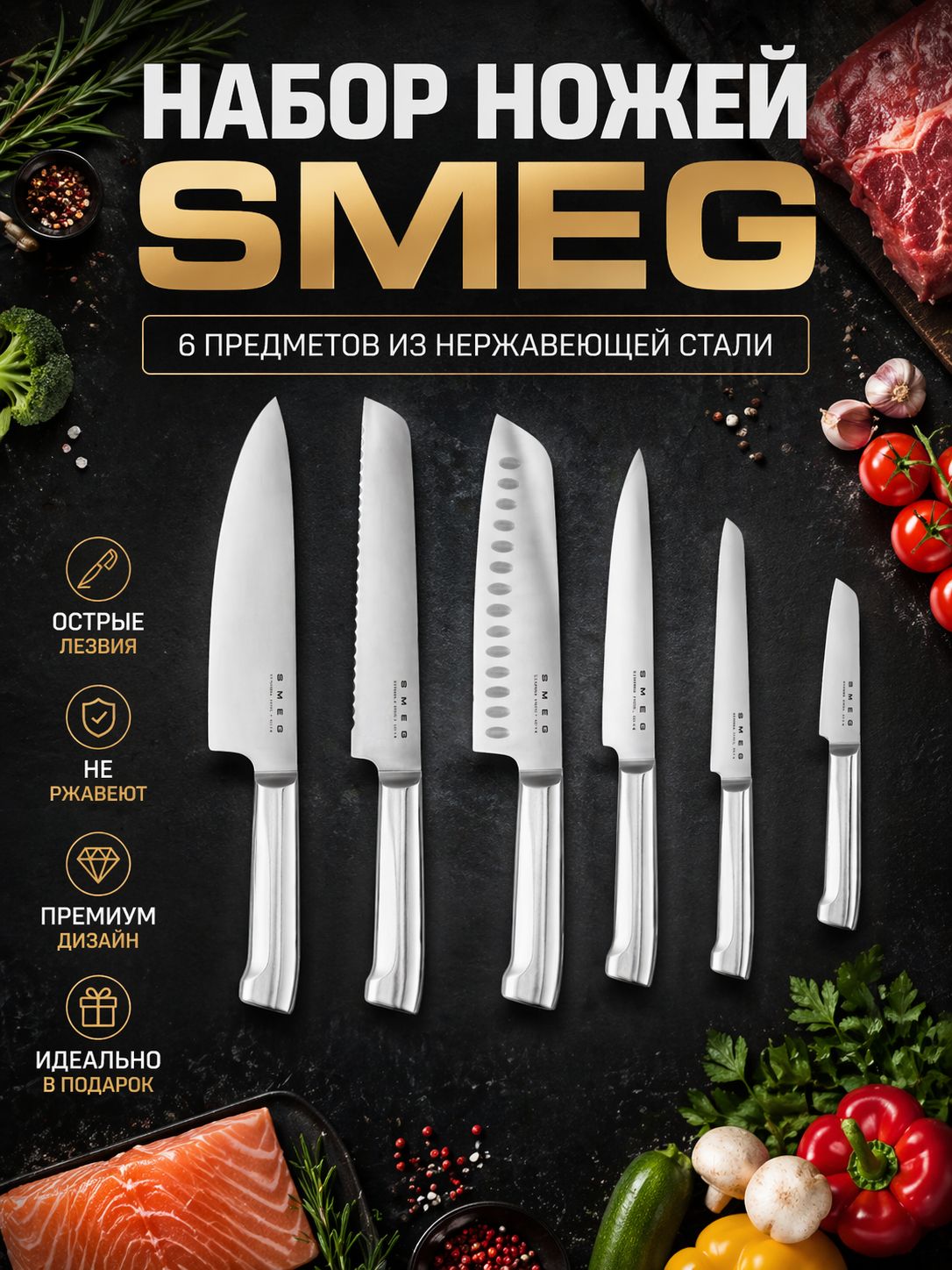 НаборножейSmeg6шт.Комплектострыхножейизнержавеющейстали.