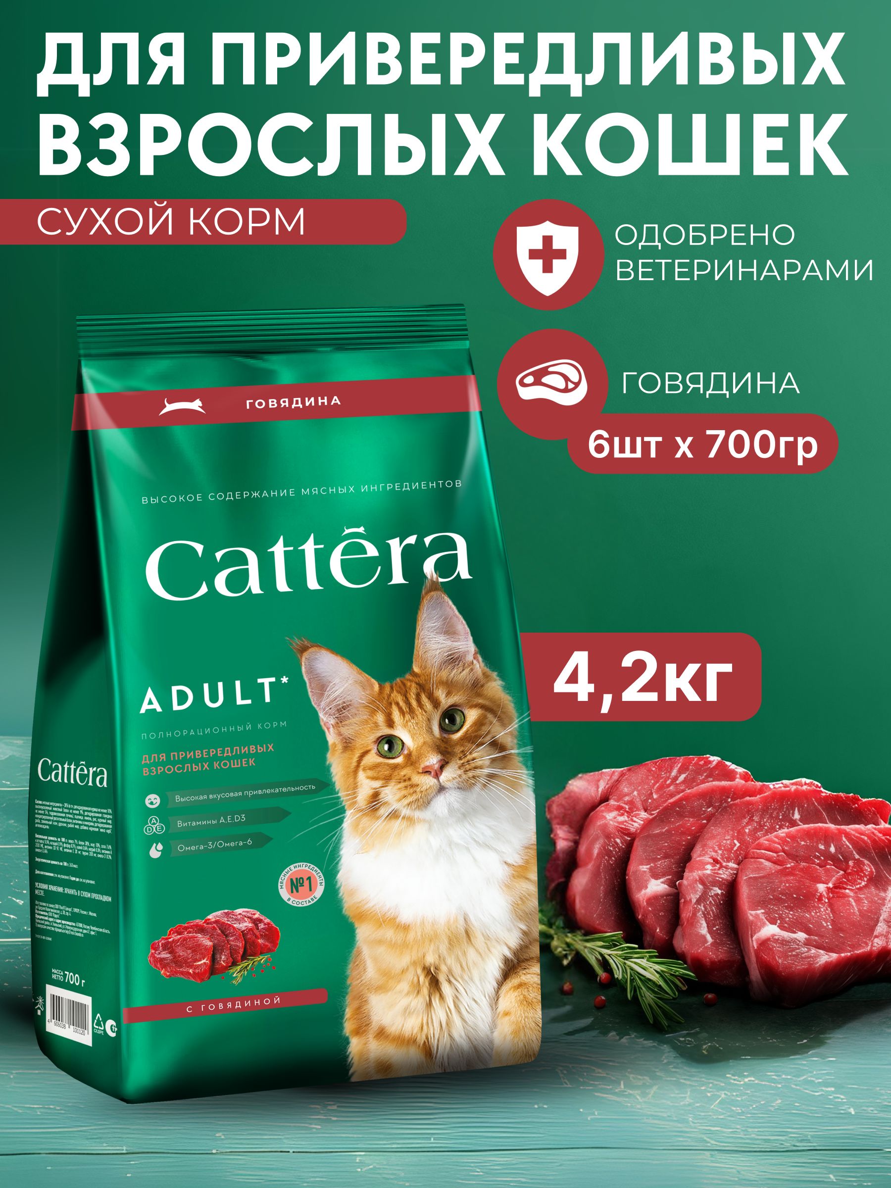 КормдлякошексухойCATTERAполнорационныйдлявзрослыхкошексговядиной,700гр,6шт