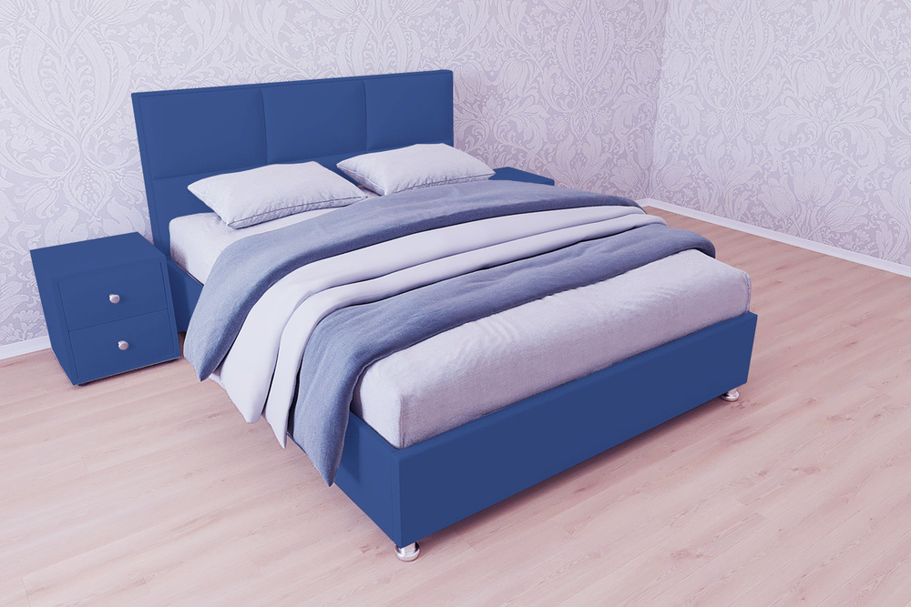 Двуспальная кровать Корсика с матрасом 160x200 основание металлическое с ламелями велюр синий ножки 5 #1