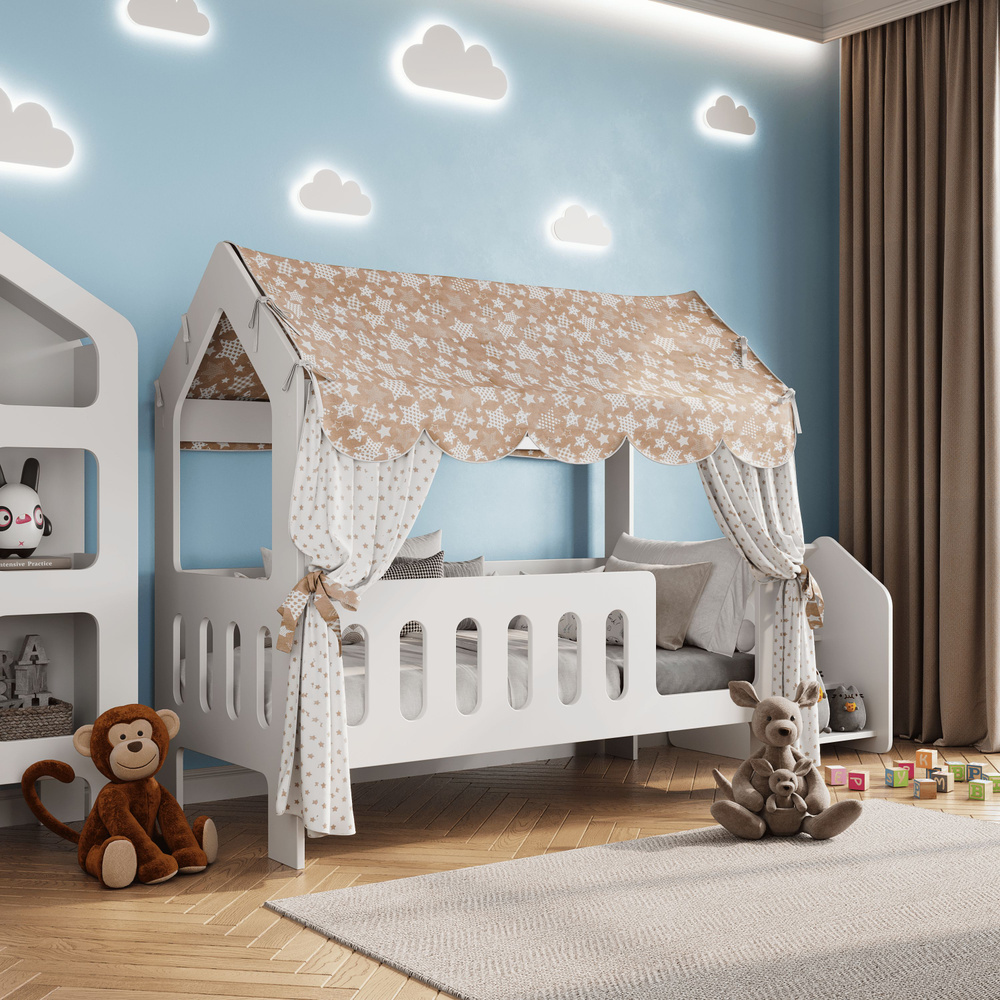Кровать-домик, Кровать детская с бортиком под матрас 160х80, БазисВуд "Классик" с текстилем (бежевый, #1