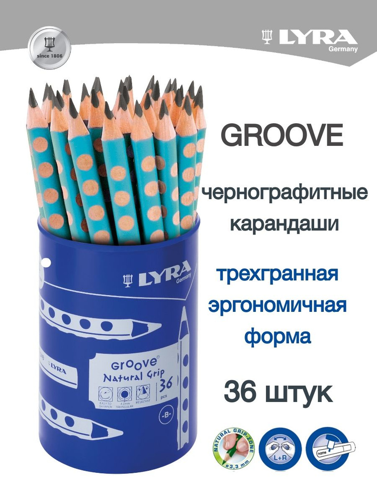 LYRA GROOVE эргономичные утолщенные треугольные чернографитные карандаши 36 шт в тубусе  #1