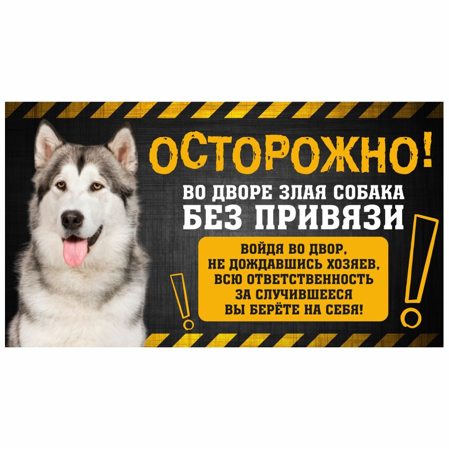 Табличка, с юмором, DANGER DOG, Осторожно! Во дворе собака без привязи, Аляскинский маламут, 25x14 см #1