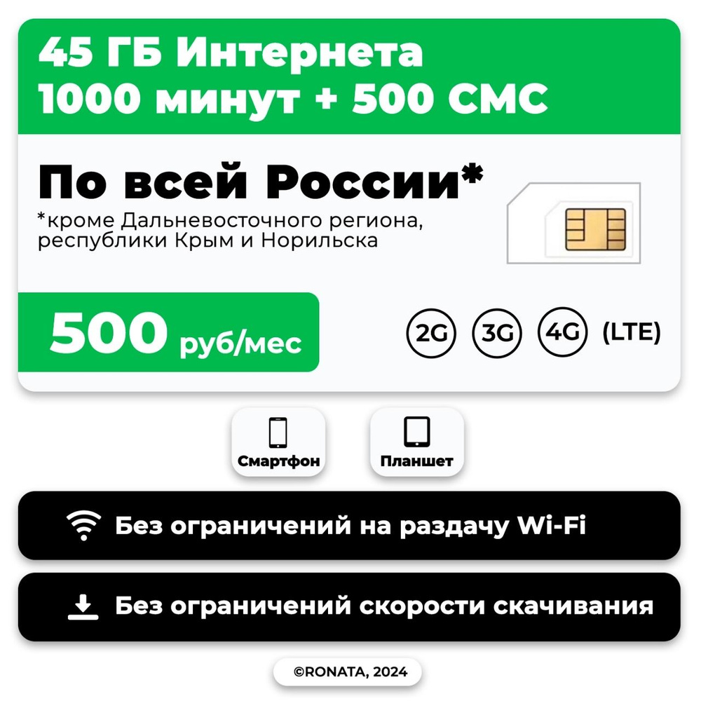 WHYFLY SIM-карта SIM-карта 1000 минут + 45 гб интернет 3G/4G + 150 СМС за 500 руб/мес (смартфон) + безлимит #1