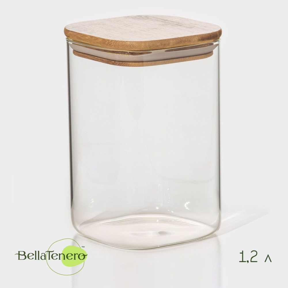 Банка стеклянная для сыпучих продуктов с бамбуковой крышкой BellaTenero "Эко. Квадратная", 1,2 л, 10х15,5 #1
