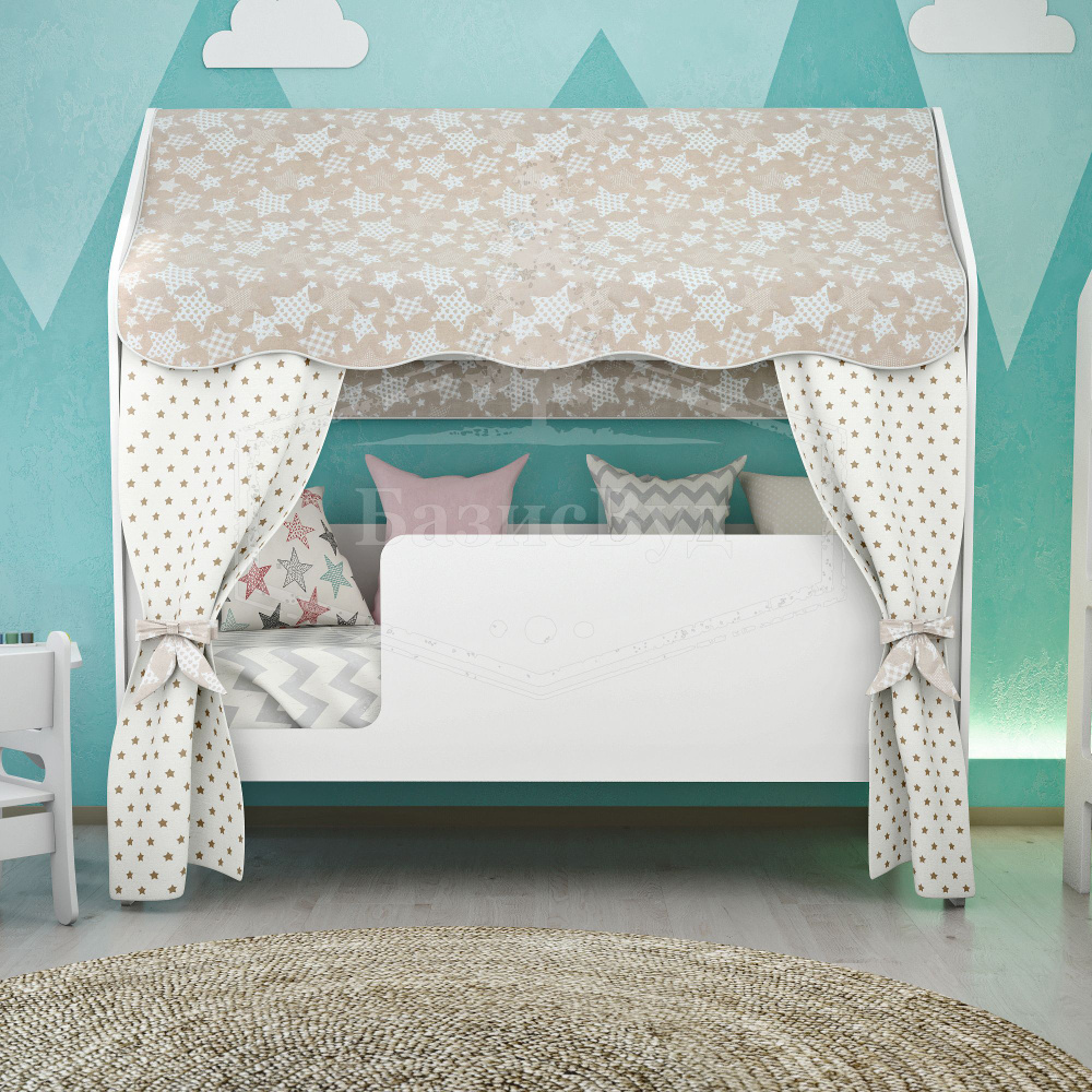 Кровать-домик детская СПИТ САМ с бортиком под матрас 160х80, БазисВуд, вход слева,с текстилем(бежевый, #1