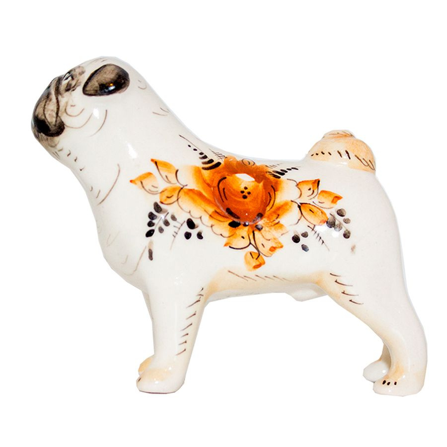 Фарфоровая статуэтка фигурка гжель собака порода Мопс коричневая роспись  #1