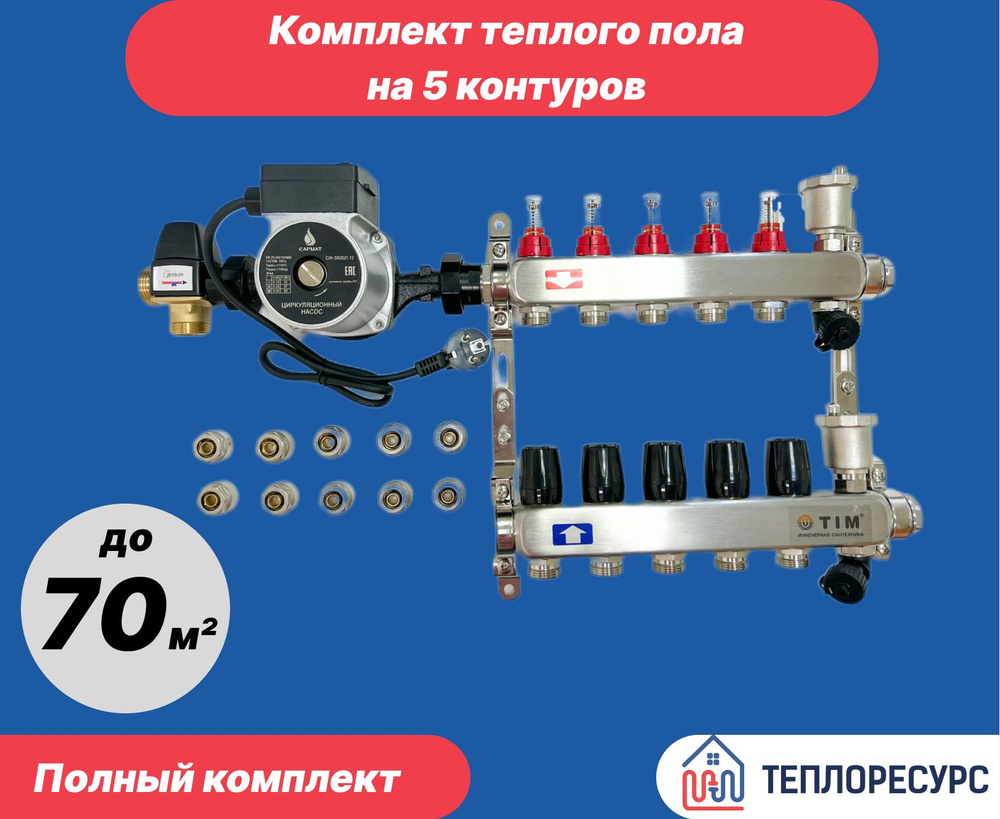 Комплект для водяного теплого пола с насосом (до 70 кв. м): Коллектор 5 выходов с расходомерами + термостатический #1