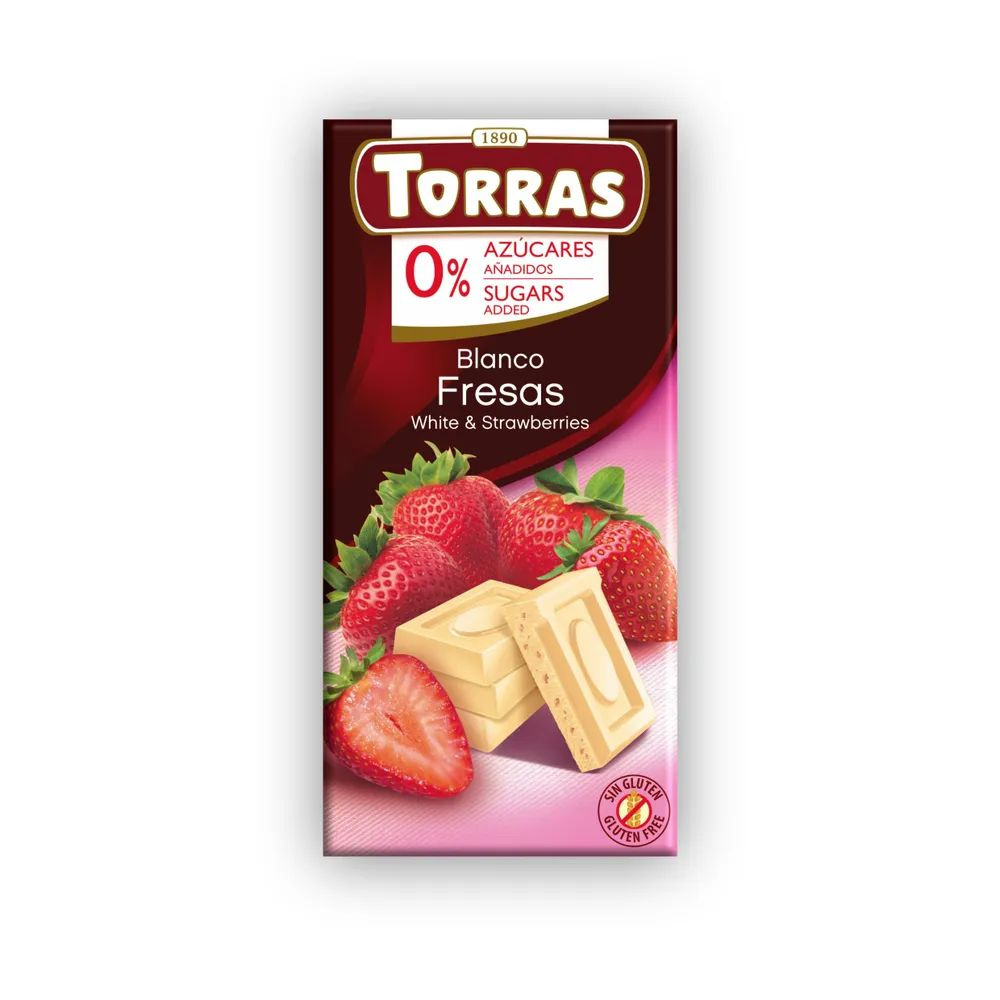 Шоколад без сахара белый с кусочками клубники, Torras, 75 г #1
