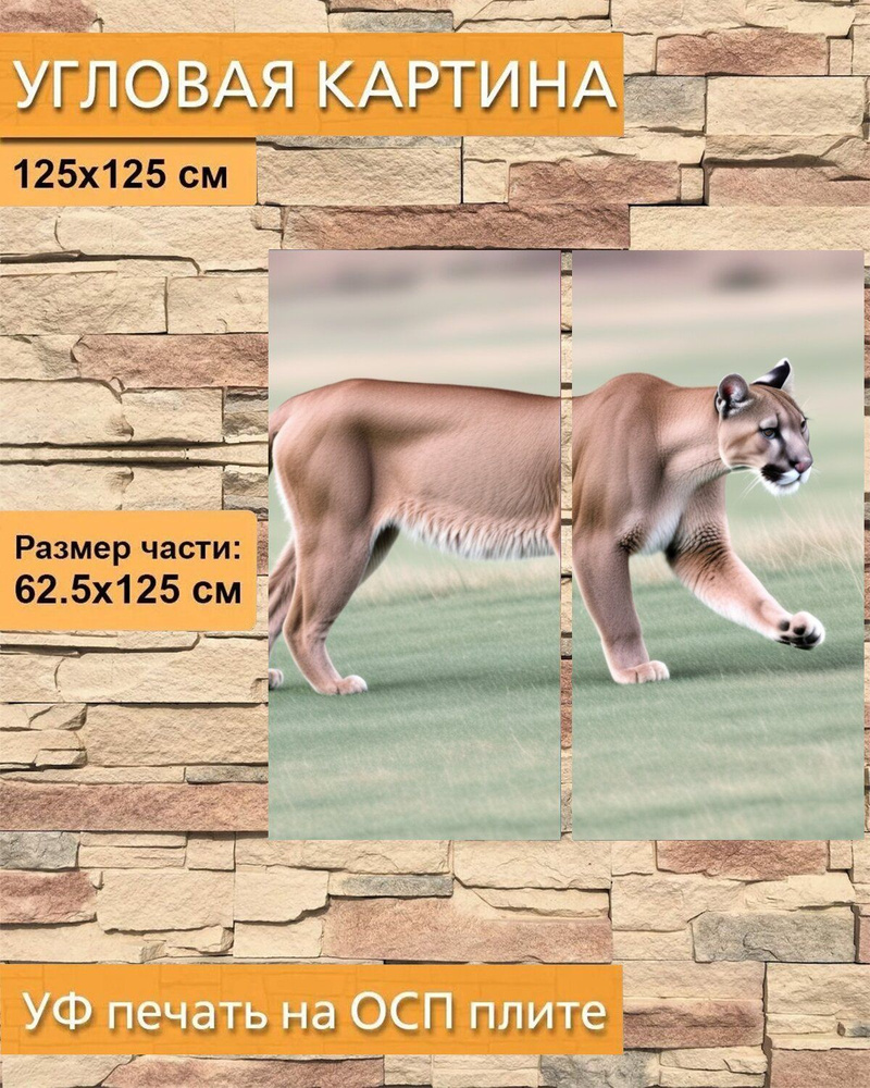 Модульная угловая картина любителям природы "Животные, пума, бегущая" на ОСП 125х125 см. для интерьера #1