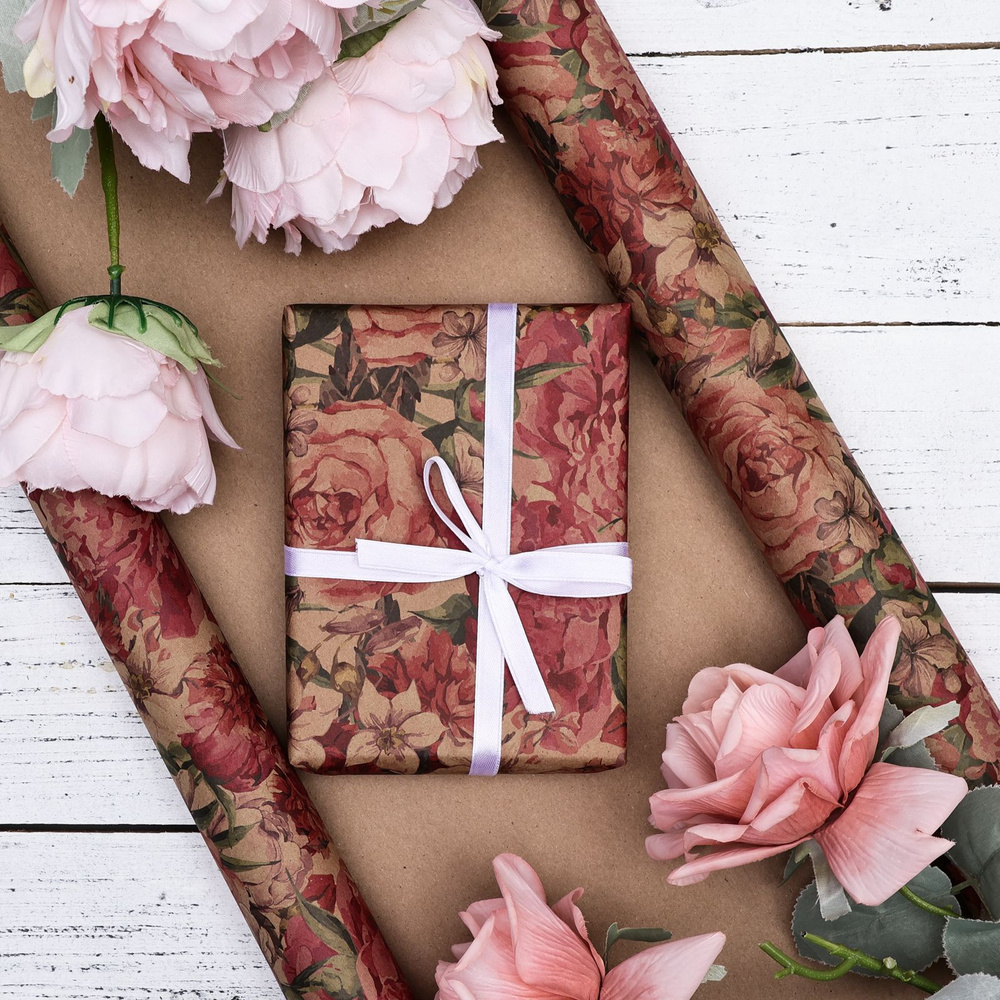 Бумага упаковочная крафтовая "Весенний букет настроения", пионы, розы, 50 х 70 см, 2 листа.  #1
