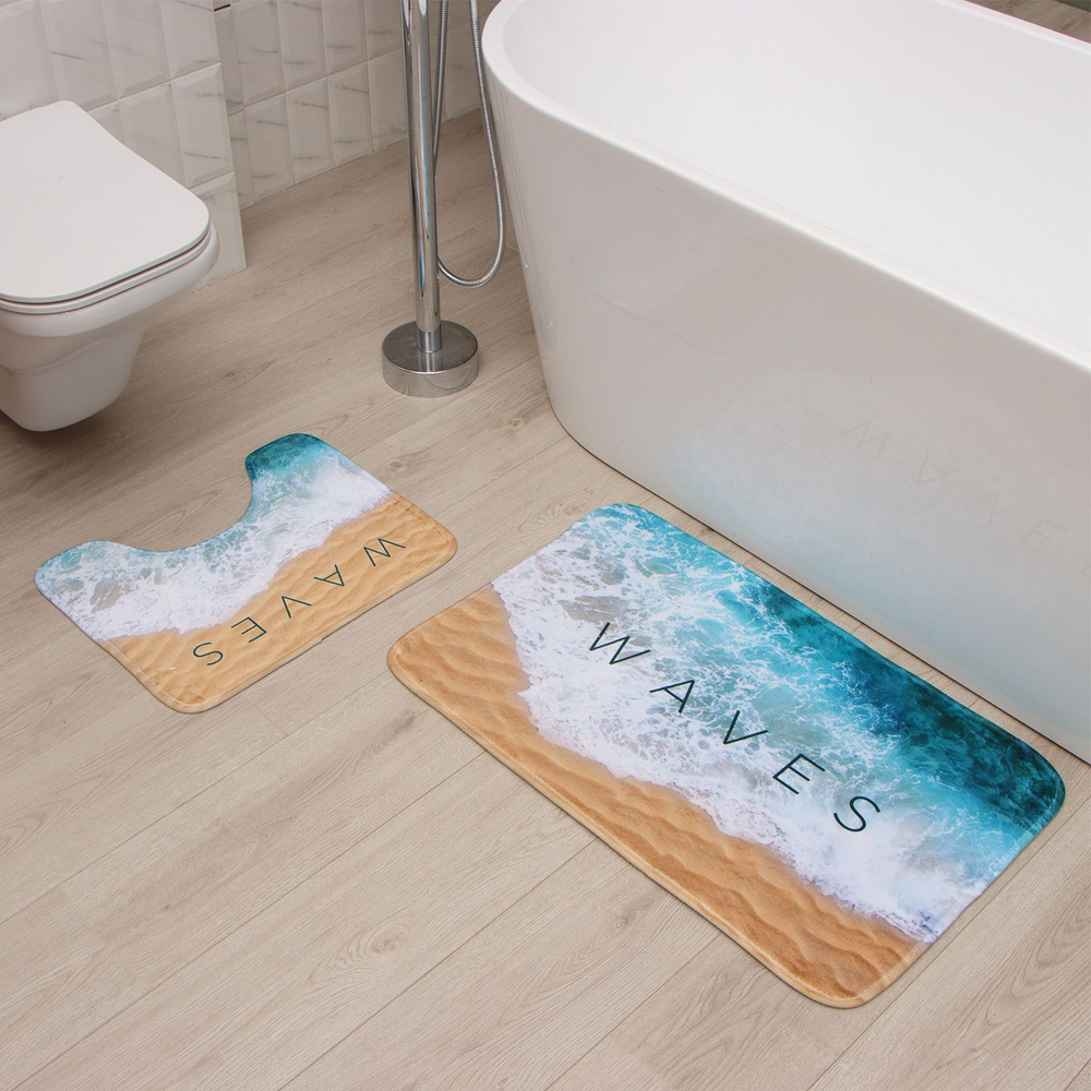 Набор ковриков для ванной Этель "Waves" 2 шт, 80х50 см, 50х40 см, велюр  #1